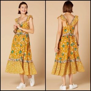 Anthropologie Derhy Mustard Gold Garden Floral Leopard Ruffle Midi Maxi Dress